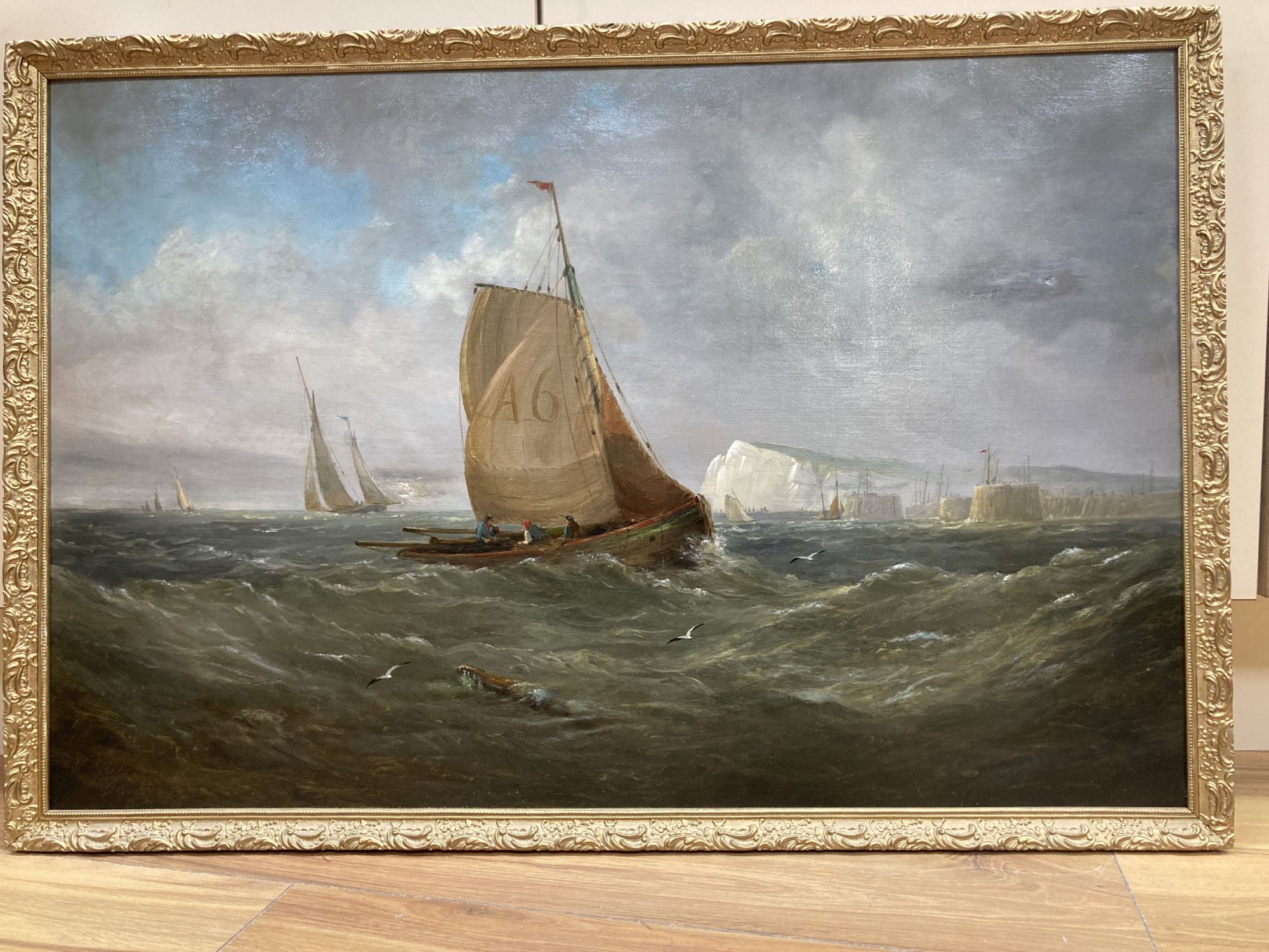 W. Cutler (19th C.), oil on canvas, Luggers off Eastbourne, signed and dated 1896, 49 x 75cm